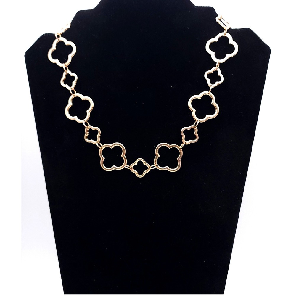 Gold Tone Lucky Clover Quatrefoil Link Necklace Adjustable 18-21in